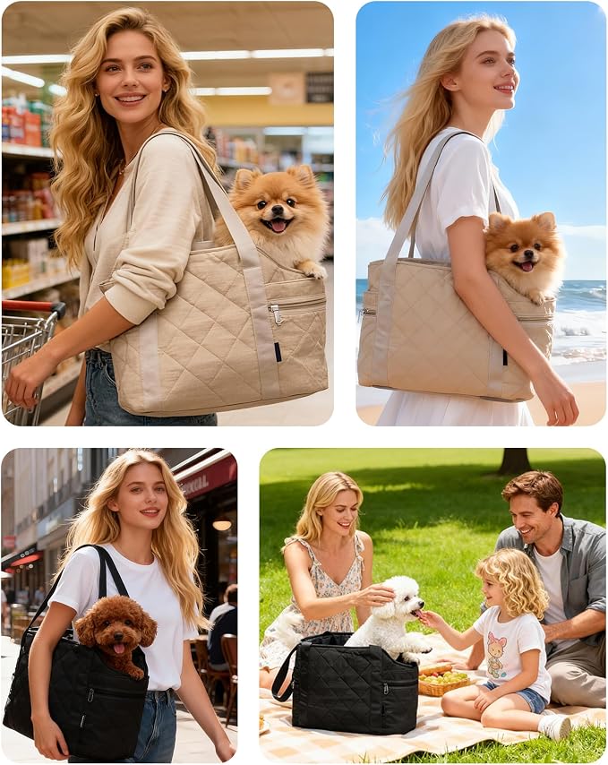 Lightweight Dog Purse Carrier for Small Dogs up to 15 lbs, Dog Tote Bag Puppy Carrier, Soft Plush Interior, Safety Leash Clip, 4 Side Pockets Dog Carrier Bag for Travel & Walking, Camel