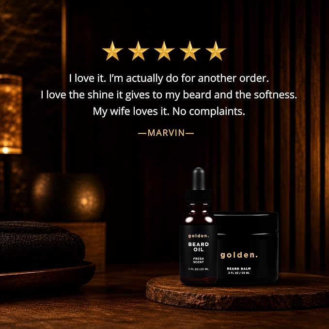 Golden Grooming Beard Travel Kit for Men - TSA Friendly 4-Piece Grooming Set - Natural Beard Growth Oil & Balm Travel Essentials - Shea Butter Softener for Black Men