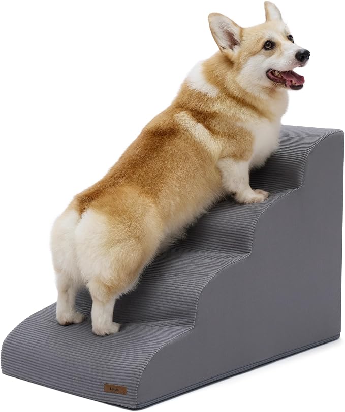 Lesure Dog Pet Stairs for Small Dogs, Grey, 4 Steps | Pet Steps Ramp for High bed and Couch, 33D CertiPUR-US Certified Foam, Indoor and Car Use, Non-Slip Bottom, Removable Cover