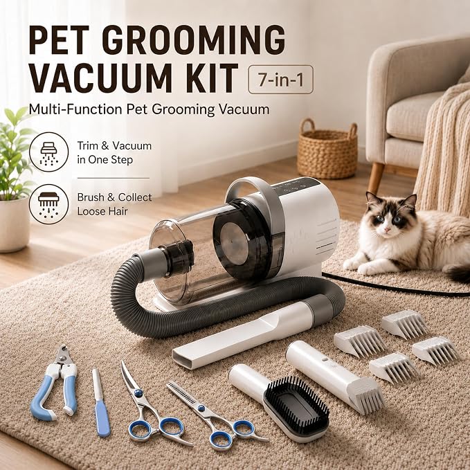 Pet Grooming Kit with Vacuum, 12000Pa Suction, Hair Clipper, 7 Tools | 12000Pa Strong Suction | 7-in-1 Grooming Tools | Hair Clipper & Deshedding Brush | Low Noise 50dB | 1.5L Large Capacity