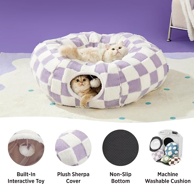Lesure Donut Cute Jacquard Cat Tunnel Bed Kitten Toys for Puppy Bunny | 33.5x33.5x10in,Round Cat Bed Tube for Indoor Cats Rabbit Dog,Pet Peekaboo Cave Toy,Spiral Hideaway,Washable Cushion,Lavender