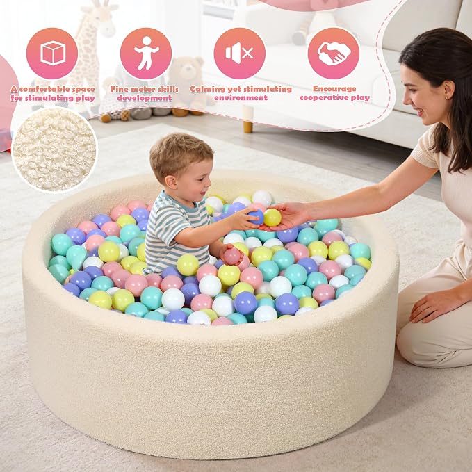 Imitation Teddy Colours Foam Ball Pits 35.4"x 11.8" Soft Round Playpen for Toddlers Dogs Cats with Soft Memory Sponge Indoor and Outdoor Game Beige(Balls not Included)