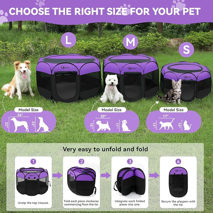 Siedihit Dog Cat Playpen, Puppy Pet Playpen, Small Dogs Tent Crates Cage | Indoor/Outdoor, Portable Pop Up Dog Kennel Playpen with Carrying Case for Dogs/Cats/Rabbits,Purple