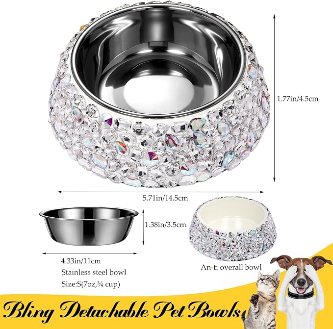 SlowVibes Sparkle Stainless Steel Dog Cat Bowl, Detachable, 7oz | Big rhinestone metal food or water bowl for small dogs and cats, rust-resistant non-slip puppy dish, sparkle pet essential