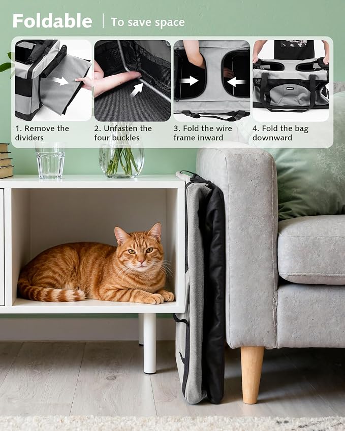 Pecute Cat Carrier, Soft Double Pet Crate for 2 Cats Travel, Gray | 5mm Anti-collapse Frame, Convertible Dual Space, Foldable, Polyester Breathable mesh, Up to 26 lbs, Car Travel & Vet Visits