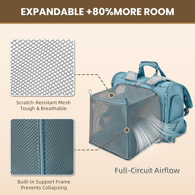 Expandable Cat Carrier Backpack for Large Cats - Airline Approved Pet Carrier Backpack for Small Dogs, Hiking & Travel, Waterproof with Breathable Mesh, 22lbs Capacity (Polar Blue, Large)