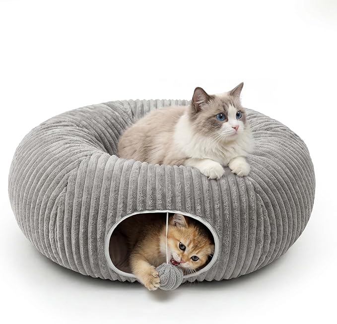 Cat Tunnel Bed for Indoor Cats, Peekaboo Cat Cave Bed,Soft Cat Donut Tunnel for Kitten Large Cats, Grey