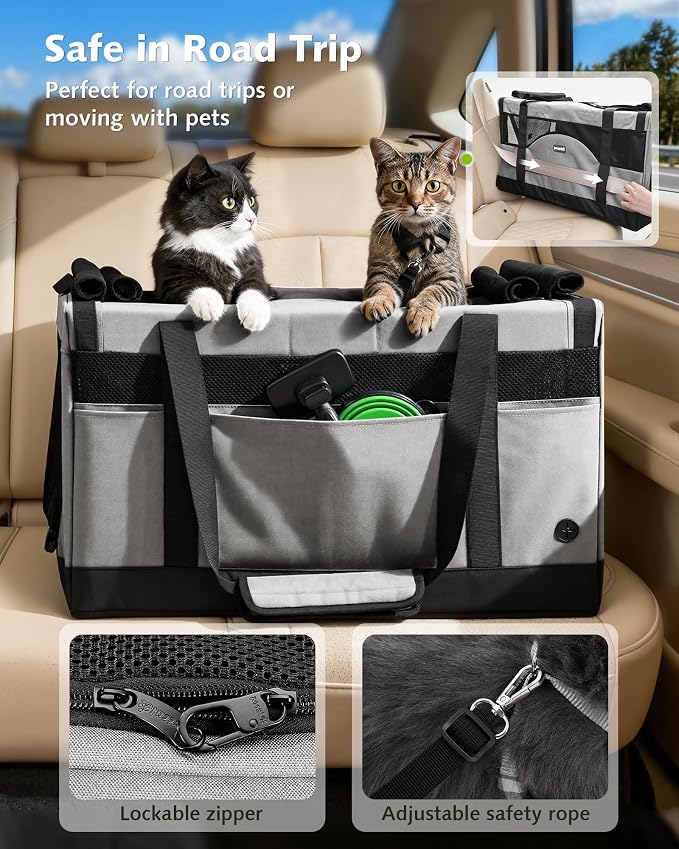 Pecute Cat Carrier, Soft Double Pet Crate for 2 Cats Travel, Gray | 5mm Anti-collapse Frame, Convertible Dual Space, Foldable, Polyester Breathable mesh, Up to 26 lbs, Car Travel & Vet Visits