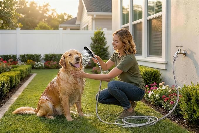 G-Promise 3 Mode Dog Shower Attachment with Pause Mode | High Pressure, Built-In Brush for Wash & Groom, Extra Long Hose, Easy Install, for Indoor & Outdoor Use