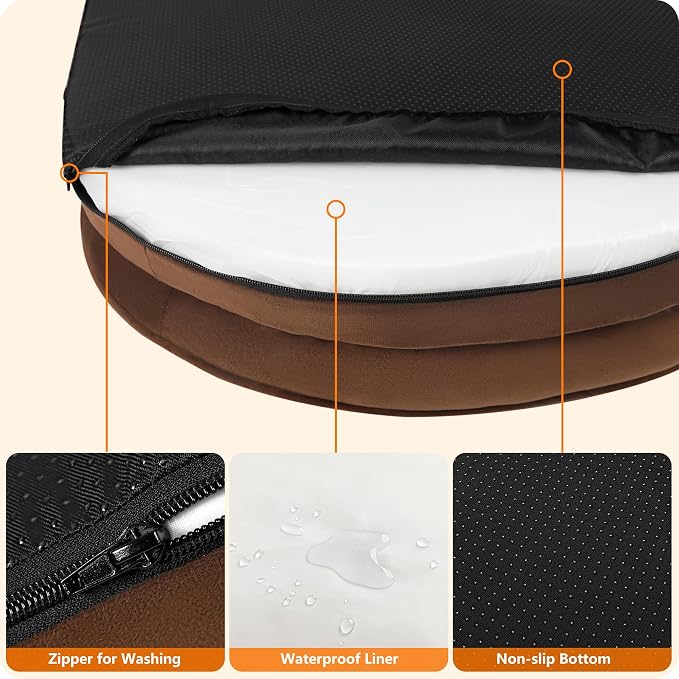 Dwanton Orthopedic Dog Bed for Large Dogs with Gel Memory Foam, Waterproof Dog Sofa, Washable Pet Bed with Four Sided Bolster Cushion, Removable Cover & Non-Slip Bottom, 42", Brown