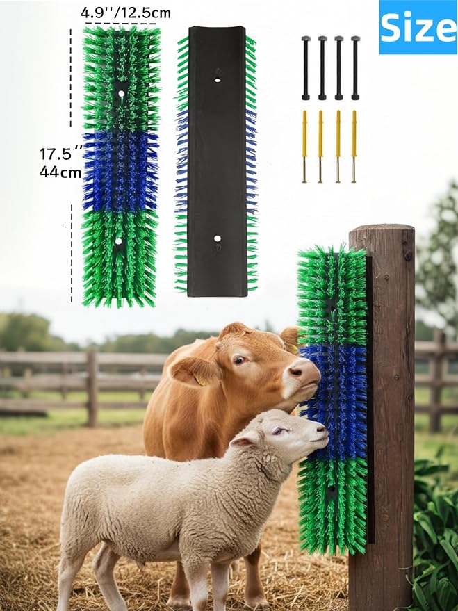 Livestock Scratching Brush 4 Pack, Itch Relief Goat Scratching Post | Wear-Resistant Nylon Bristles, 16 Heavy-Duty Screws, Horse & Goat Scratching Post for Large Herds, Cows, Goats, Sheep, Pigs