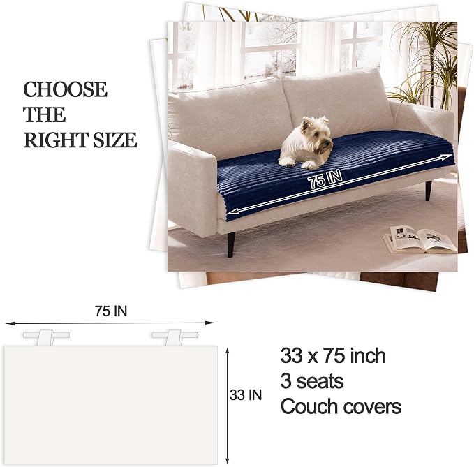 Dual Non-Slip Couch Cover for Dogs Waterproof, Fuzzy Soft Pet Couch Covers for Sofa 3 Cushion, Pet Friendly Soft Dog Bed Covers Sofa Cover Washable (Navy Blue, 33" x 75" 1 Pack)