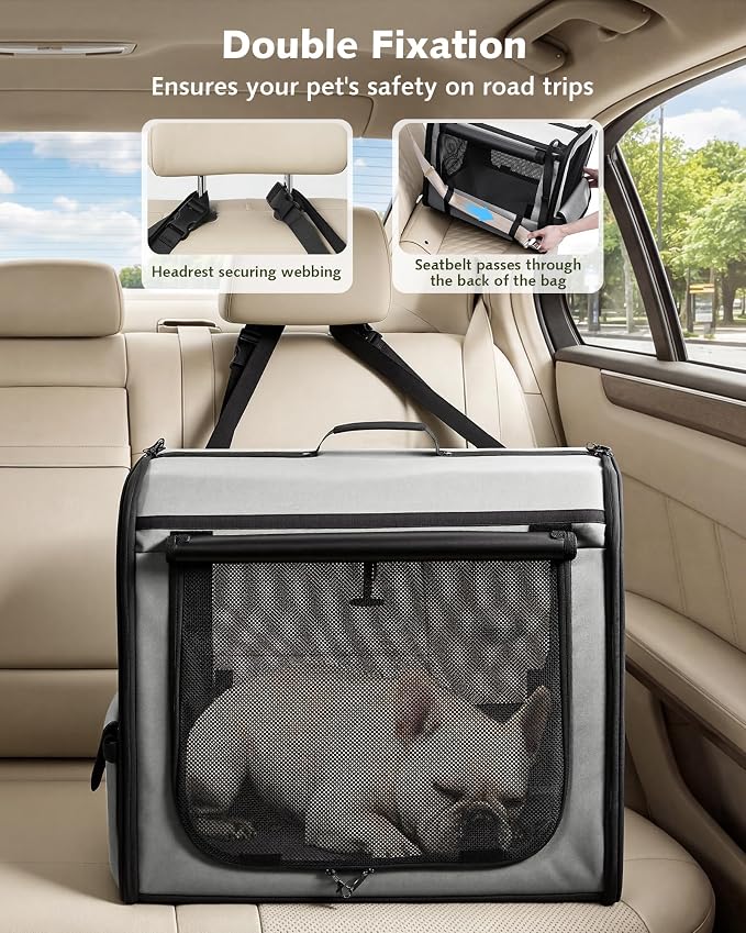 Dog Car Carrier Light Weight 24×17.7×20.5in, Foldable Dog Carrier, Gray | Easy to Assemble, Portable and Breathable Pet Carrier, Suitable for Indoor and Outdoor Use, Dog Travel Crate with Curtain
