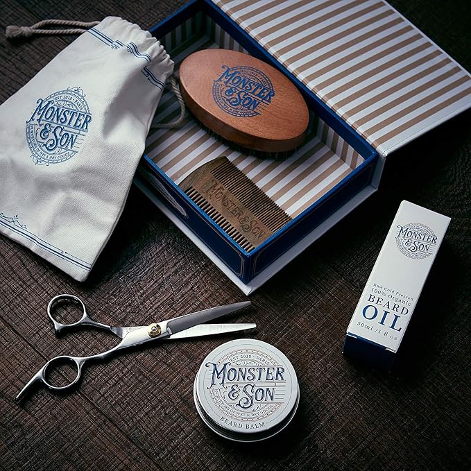 Monster&Son Premium 7-Item Organic Beard Kit - Beard Oil, Beard Balm, Beard Brush, Beard Comb, Scissors, Canvas Travel Bag - Male Grooming Kit in Gift Box - Great Mens Birthday Gift - Father's Day