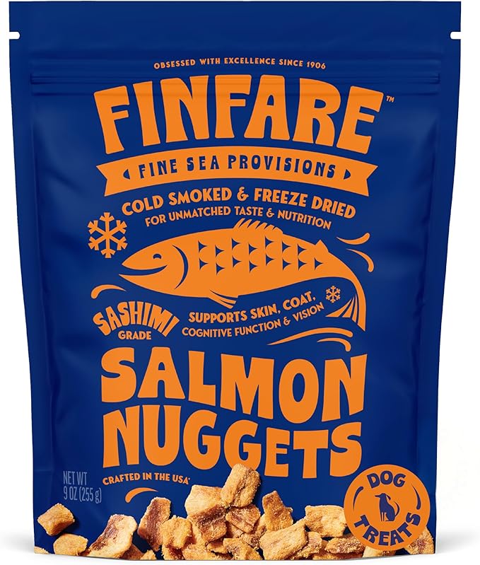 Finfare Freeze Dried Salmon Dog Treats, Protein & Omega-3s, Grain Free Salmon Dog Training Treats, Crafted in USA, Nuggets - 9oz