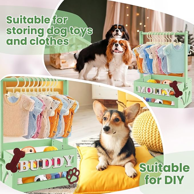Teenyyou 20" x 13" x 9" Wooden Dog Closet Pet Wardrobe Crate Box with Hanging Rods and Personalized Alphabet Letters Easy Assembly Baskets for Dog Cat Toys Clothes Accessories(Green)