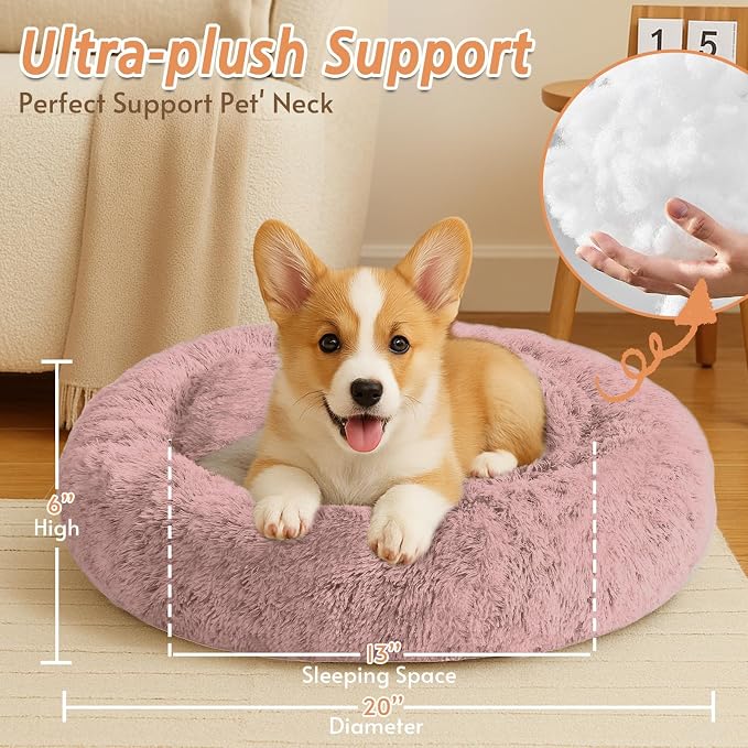 JOLLYVOGUE Calming Small Dog & Cat Bed for Indoor Cats - 20 inches Washable Donut Bed for Kittens & Puppies, Anti-Anxiety Round Fluffy Plush Pet Beds (Fits up to 15 lbs, Dark Pink)