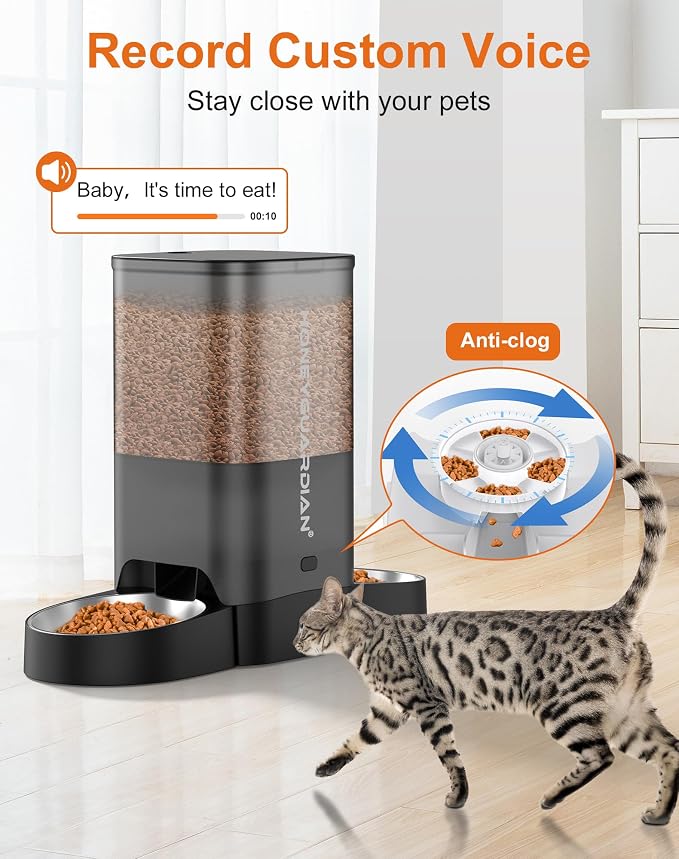 HoneyGuaridan 5L Automatic Cat Feeder for Two Cats, 2.4/5G WiFi Smart Feed Pet Feeder with Stainless Steel Bowl,APP Control Dispenser, Dual Power Supply,Desiccant Bag,10s Meal Call Black | Pet Feeder with Stainless Steel Bowl,APP Control Cat Food Dispe...
