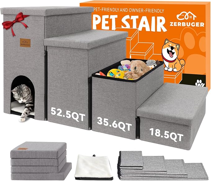 Zerbuger Dog Stairs with Storage, Grey 4 Steps Dog Ramp with Condo for Bed | 23" H Wider Dog Steps for High Beds Couch, Folding Storage Pet Stairs Gift for Climbing Small/Medium/Large Old Dogs Cats