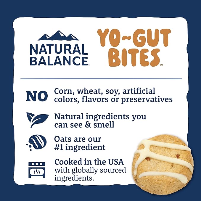 Natural Balance Yo-Gut Bites Crunchy Dog Treats with Real Peanut Butter & Banana, Greek Yogurt Drizzle, Probiotics for Digestive Support, 10oz Bag
