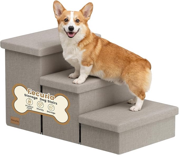 3-Step Dog Stairs for Large Dogs with Storage 18" H, Light Grey | Wide Dog Steps for High Bed Couch Window Car, Jiont-Friendly Pet Stairs Ramp for Small/Medium/Large Old Dogs Cats