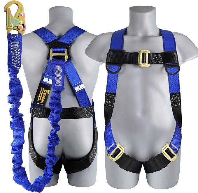 TRSMIMA Safety Harness Fall Protection - Full Body Construction Roofing Harness Kit Attached 6 ft Lanyard ANSI | Full Body Construction Safety Harnesses Roofing Attached 6 ft Lanyard ANSI
