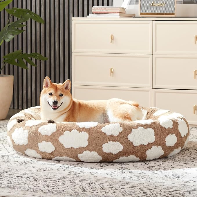 JOEJOY Jacquard Donut Round Small Dog Beds,Brown 23x23x8in, Removable Washable Cover, Cute Pattern, Ultra Soft Fluffy Calming Pet Bed with Thick Supportive Bolster