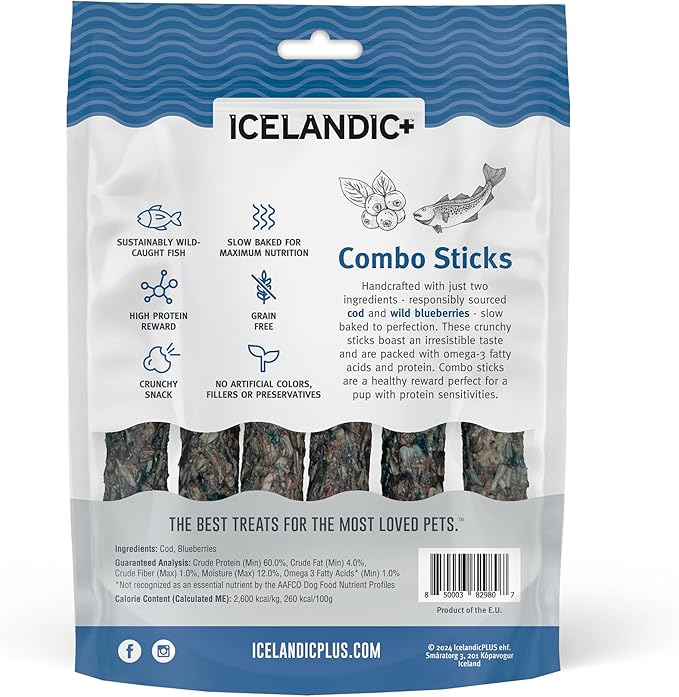 Icelandic+ Combo Sticks: Cod & Blueberry - 2oz - Dog Treats, Crunchy 2 Ingredient Pet Snacks, Preservative Free, Wild Caught Fish, Slow Baked, Natural (Pack of 2)