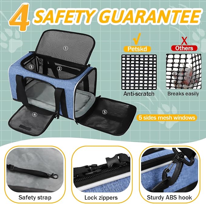 Small Pet Carrier 17" L x 11" W x 9.5" H Airline Approved, Blue | for Alaska Airlines, Lockable Safety Zippers and Anti-Scratch Mesh, Pets Under 10 lbs