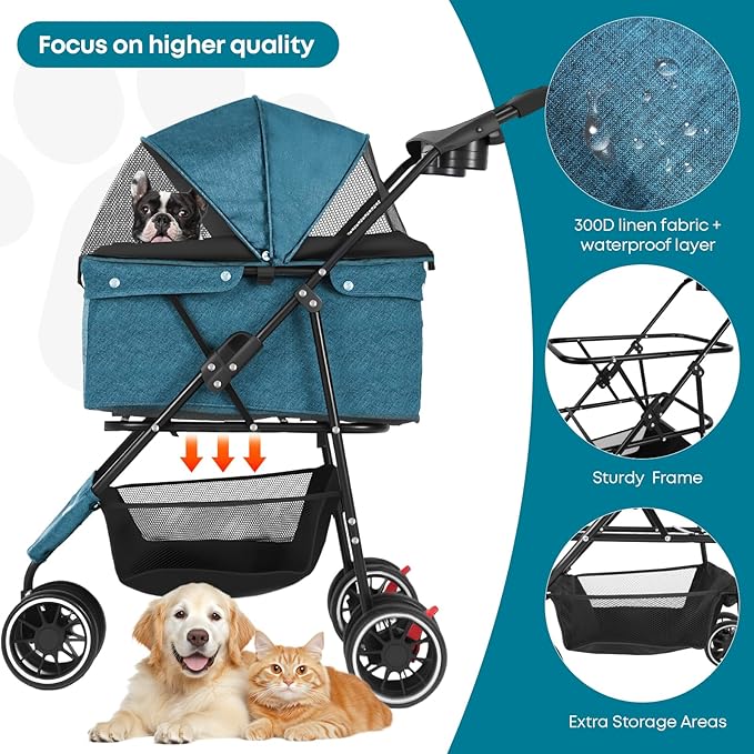 Pet Stroller,Dog Stroller for Small Medium Dogs Cats,3 Wheels,Green | Foldable,with Breathable Mesh Canopy,Cup Holders,Easy Assembly