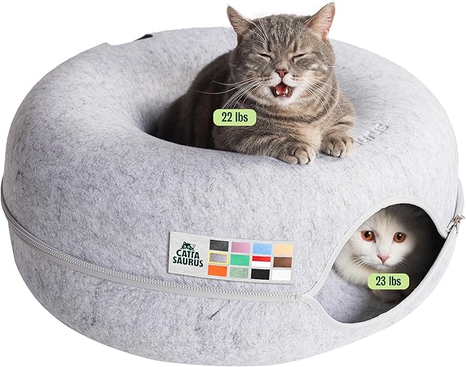 Peekaboo Cat Cave Donut for Multiple & Large Cats up to 30-45 lbs, 3-in-1 Self Warming Cat Bed, Tunnel & Scratcher for Indoor Cats, Washable & Detachable Small Dog Bed (Light Gray, Large)