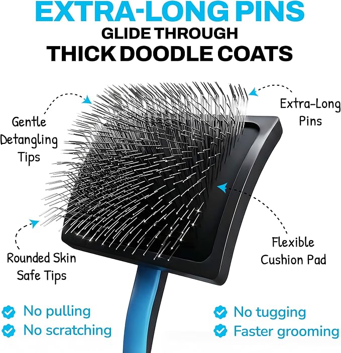 The Doodle Brush Slicker Brush Dog Poodle Brush Detangler, Extra Long Pin | Ergonomic Handle, Goldendoodle, Cockapoo, Cavapoo, Dog Brushes for Grooming, Removes Mats and Tangles, Shiny Coat Pet Brushes