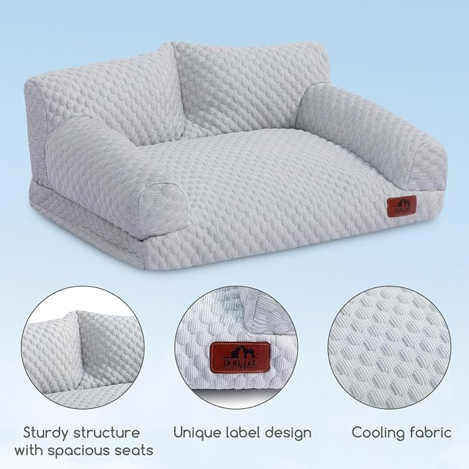 Hollypet Cooling Dog Couch Bed, Washable Pet Sofa, Gray, 24x18 | Cooling ice-silk pet bed with machine washable removable cover, non-slip bottom, for cats small dogs up to 25 lbs
