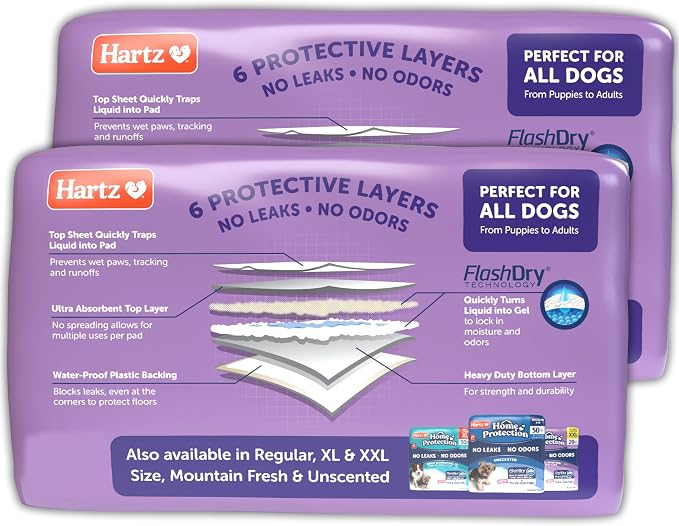 Hartz Home Protection Lavender Scent Odor Eliminating Dog Pads, 3XL, 60ct | Thicker Quilted, Super Absorbent, Quick Drying, No Leaks, No Odors, FlashDry Technology