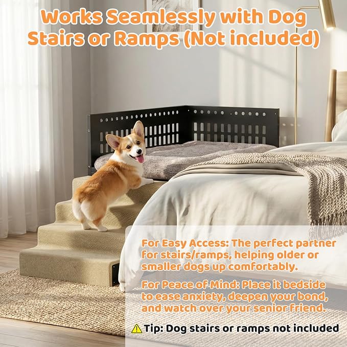 Beside Dog Bed,2 Panels Adjustable Height Dog Bunk Beds,35.4”x23.6” Metal Frame & Cushion, Converts to Bunk Bed or Bed Extension Attachment for Human Bed, for Medium Dogs