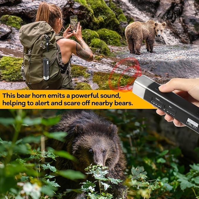 130dB Electronic Bear Deterrent Air Horn Rechargeable, 3 Tone High Volume Bear Deterrent Device Handheld with LED Flashlight Lanyard for Hiking Camping Emergency Outdoor Survival (Black)