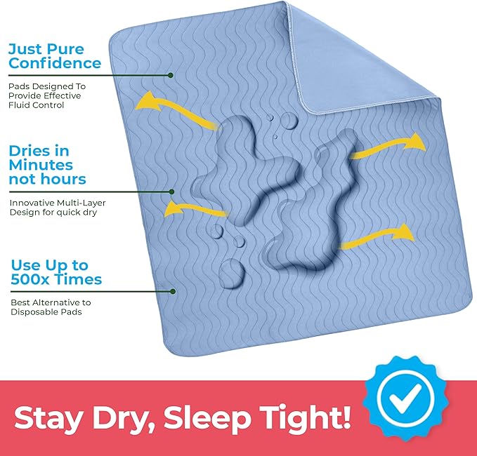 4 Pack Waterproof Reusable Heavy Absorbency Incontinence Bed Pads 34"x52" | Utopia Bedding Washable Underpads, Chuck Pads for Adults, Kids, Elderly and Pets, Bedwetting Pads for Sofa and Couch, Blue