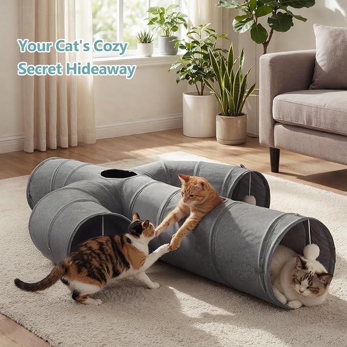 Ownpets Cactus Cat Tunnel 12" with Peek Holes for Indoor Large Cat, Grey | Durable Oxford fabric, noise-free, foldable & connectable, multi-cat friendly, tube for cats up to 20lb, includes ball & wand
