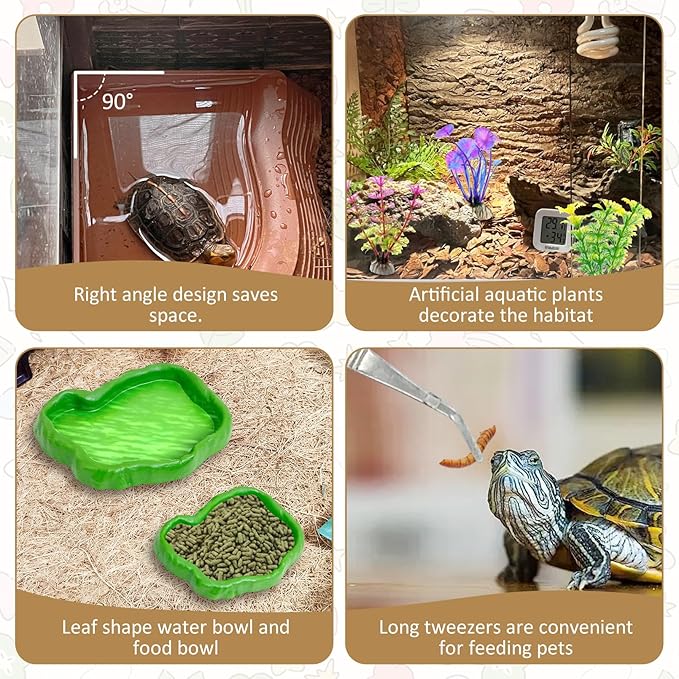 Reptile Bathing Pool 2-in-1 Tortoise Water Dish with Ramp Large Turtle Feeding Bowl with Steps Plastic Reptile Food & Water Dishes 7 Pcs Gecko Habitat Decoration Accessories Lizard Bath Tub