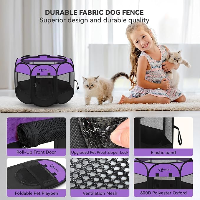 Siedihit Dog Cat Playpen, Puppy Pet Playpen, Small Dogs Tent Crates Cage | Indoor/Outdoor, Portable Pop Up Dog Kennel Playpen with Carrying Case for Dogs/Cats/Rabbits,Purple