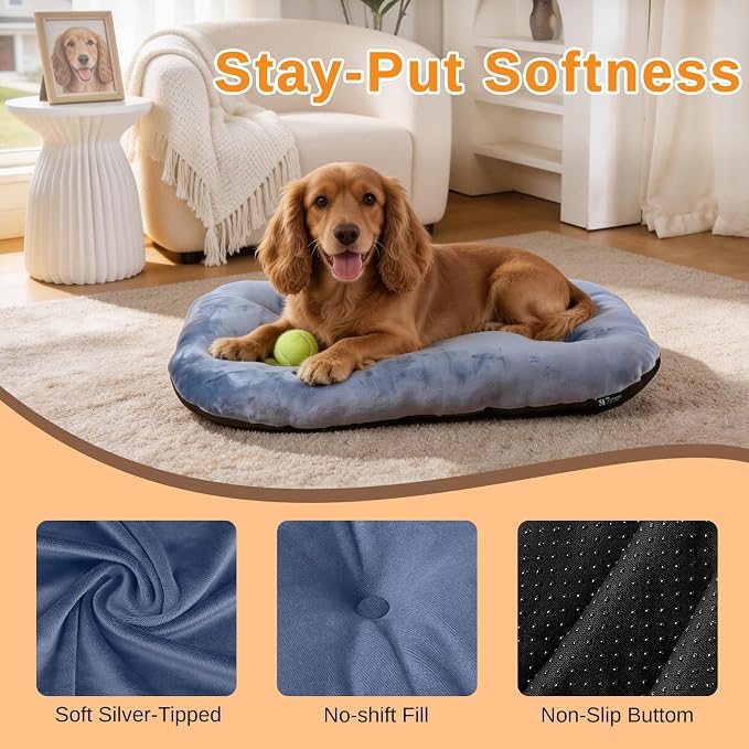 Washable Oval Large Dog Bed, Silver-Tipped High-Resilience, Dusty Blue | Non-Slip Bottom Prevents Sliding, Soft Plush Short Fur, Machine Washable, Ideal for Crates/Apartments/Cozy Nooks,35"x22"x3.2"
