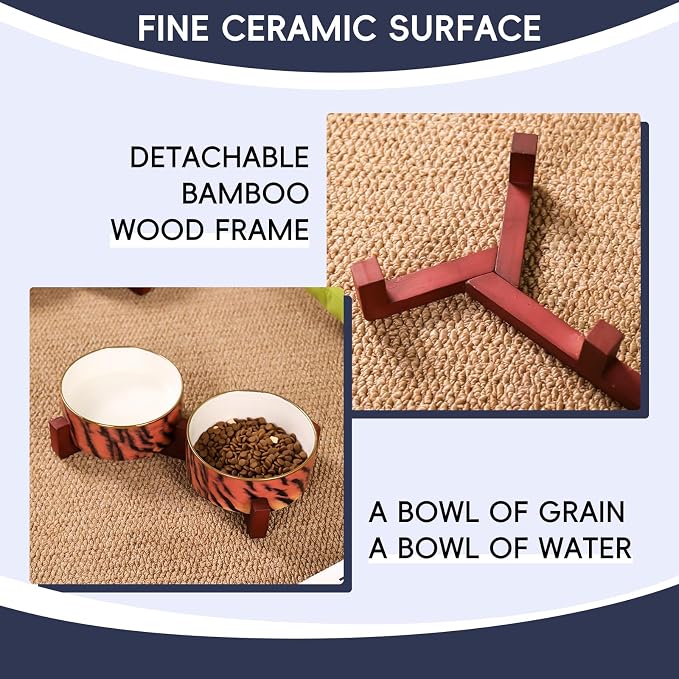 Dog Bowl Set with Wood Stand, Non-Slip Anti-Tip Elevated Design, Double Ceramic Animal Food Water Cat Bowls, Suitable for Large/Medium Sized Dog Pet Feeder Dish Station - 32 OZ, Tiger Stripe