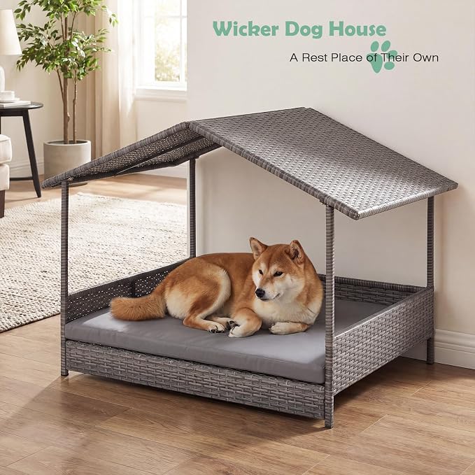 Outdoor Wicker Dog Bed with Canopy, Indoor HDPE Rattan Dog House, Raised Dog Cot Pet House, Elevated Pets Sofa w/Washable Cover, Waterproof Roof Shelter, Removable Cushion Lounge