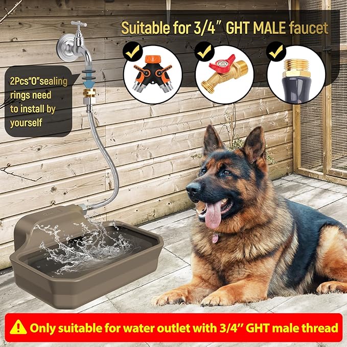135OZ Automatic Water Dispenser for Large Dogs Patented Outdoor Dog Water Bowl Dispenser Automatic Dog Feeder Fit 3/4'' GHT Faucet Dog Waterer Include Water Hose Extra-Large Drinking Area Brown