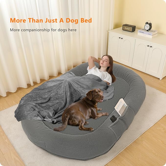 Human Dog Bed for Adult, Orthopedic Gel Memory Foam, 71"x47"x9" | Human Dog Bed Fits Adult & Pets, Reversible Egg-Crate Foam Cushion, Washable Pet Bed with Blanket, Cement Grey