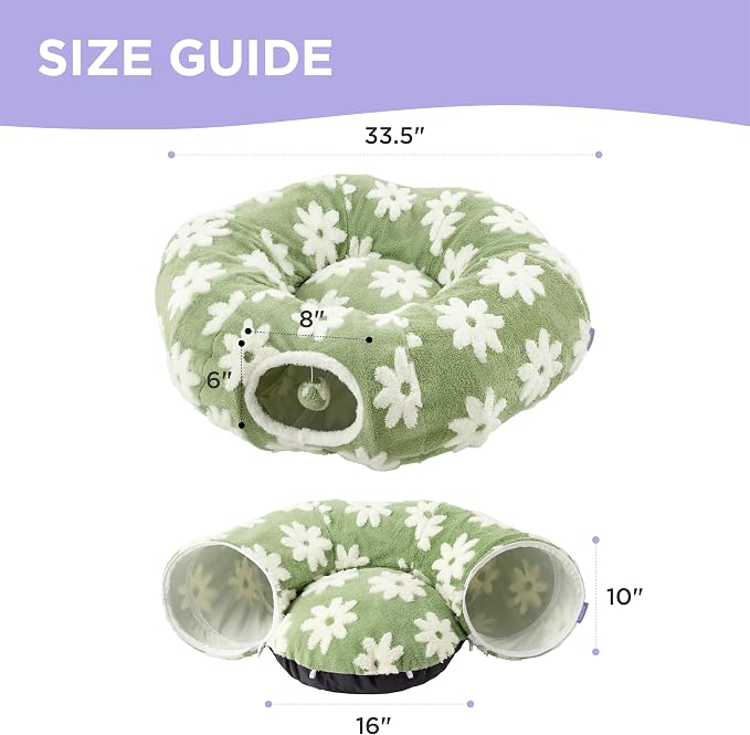 Lesure Donut Cute Jacquard Cat Tunnel Bed Kitten Toys for Puppy Bunny | 33.5x33.5x10in,Round Cat Bed Tube for Indoor Cats Rabbit Dog,Pet Peekaboo Cave Toy,Spiral Hideaway,Washable Cushion,Green