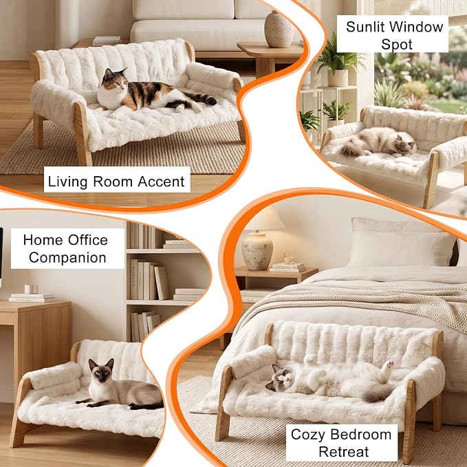 homegroove Elevated Cat Couch Bed, Wood Cat Sofa for Indoor Cats, White﻿ | 27"L x 18"W x 11.8"H, solid wood cat bed with removable washable cushion, available in white and gray, for cats & small dogs