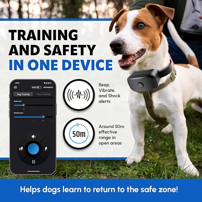 GF02e-GPS Dog Fence, Wireless Dog Fence with No Subscription, Virtual Dog Containment System with Customizable Boundary, 2-in-1 Training Collar, Waterproof & Rechargeable for Medium Large Dogs