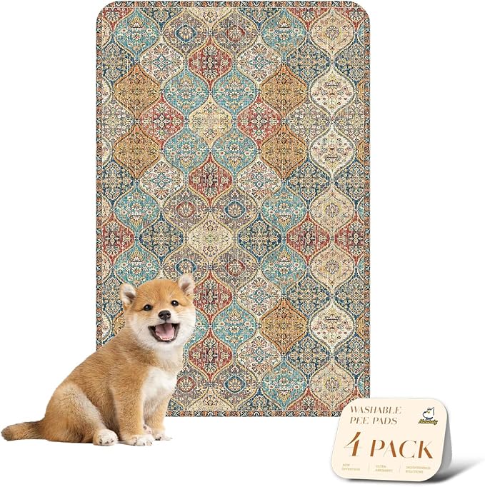 nunubaby 4PACK Washable Pee Pads for Dogs, Stylish, Non-Slip and Leak-Proof Pee Pads. Reusable Potty Pads for Dogs for Crates and Floors.(Cream/Multi,24" x36" )