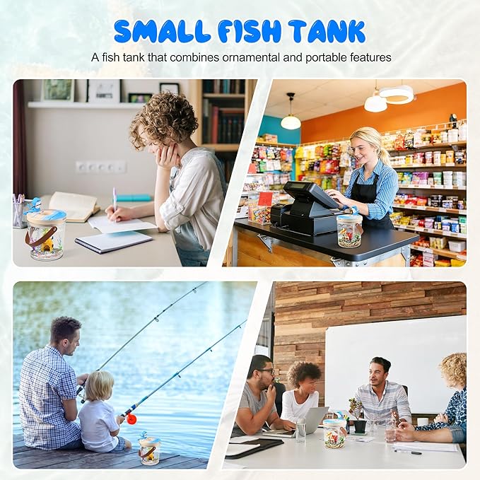 Portable Mini Fish Tank, Rechargeable,with Air Pump Oxygenation, and Multi-Color Automatic Switching LED Lights. 0.3 Gallon Plastic Aquarium for Travel